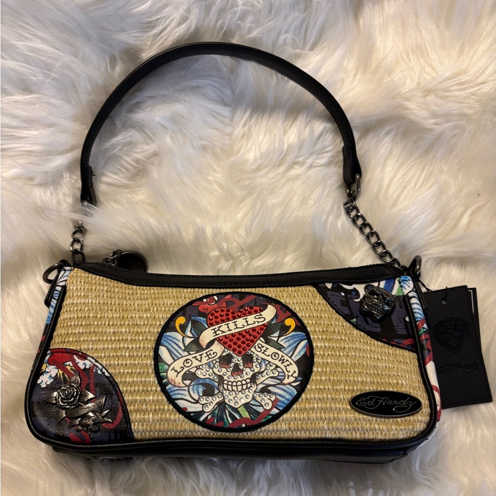 Ed Hardy Black and Tan Baguette Shoulder Bag with Strap